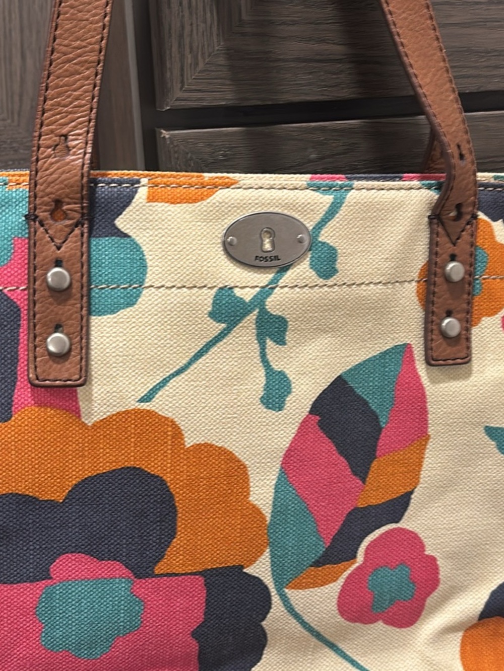 Fossil Canvas Floral Tote in Cream, Teal, Pink, Orange, Navy